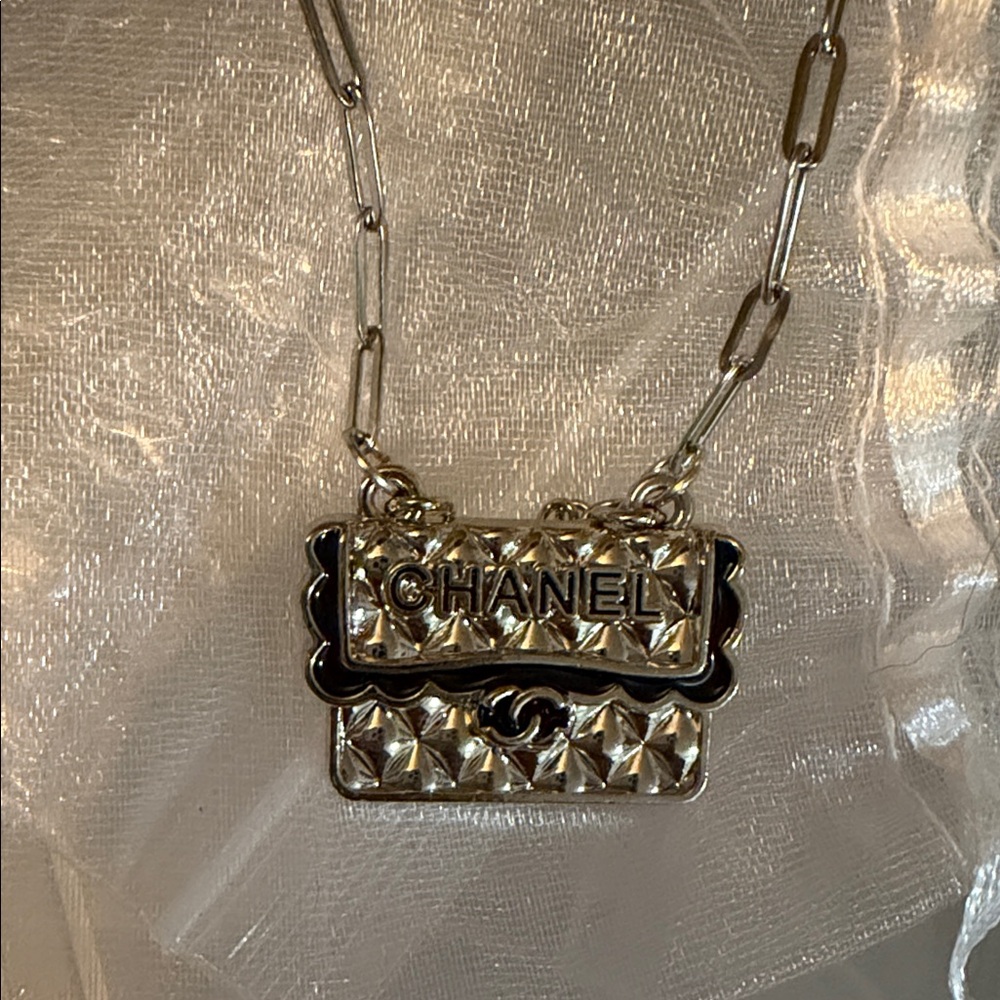 CHANEL Silver Quilted Mini Flap Pendant Necklace